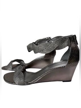 Papell Studio Metallic Silver Wedge Sandals Size 10 Ankle Strap Braided Open Toe